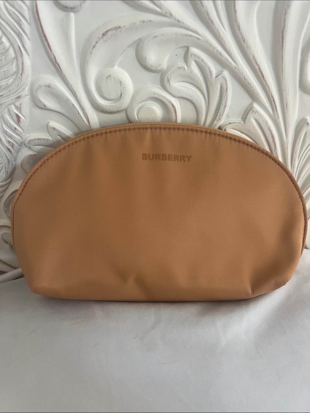 New Authentic Burberry Camel Leather Half-Moon Cosmetic Pouch